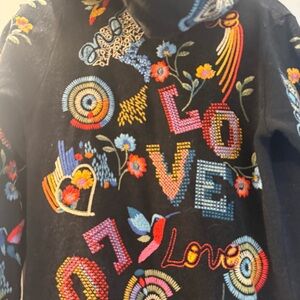 Johnny Was Black Embroidered Pullover with Multicolor Floral Motifs LOVE
